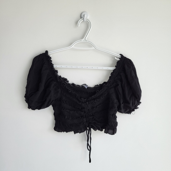 COTTON CANDY LA Black Cropped Drawstring Smocked Short Puff Sleeve Top - Picture 1 of 4